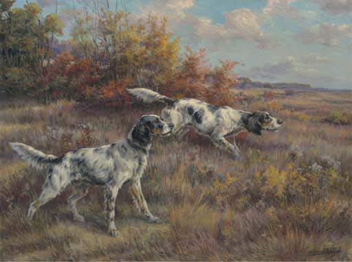 Wikioo.org - The Encyclopedia of Fine Arts - Painting, Artwork by Edmund Henry Osthaus - Two Setters On A Point In An Extended Landscape