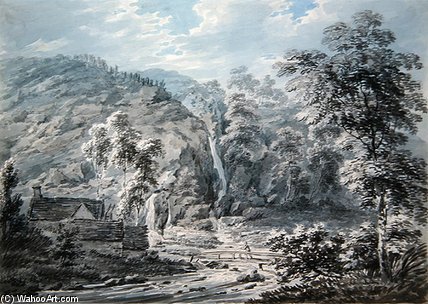 WikiOO.org - Encyclopedia of Fine Arts - Maalaus, taideteos Edward Dayes - A Waterfall At Corwen, North Wales