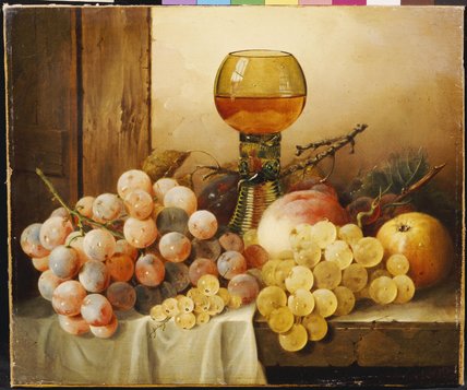 Wikioo.org – L'Encyclopédie des Beaux Arts - Peinture, Oeuvre de Edward Ladell - Prunes et A Peach Avec Hock verre