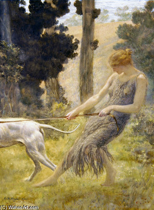Wikioo.org - The Encyclopedia of Fine Arts - Painting, Artwork by Edward Robert Hughes - Woman Walking Her Dog