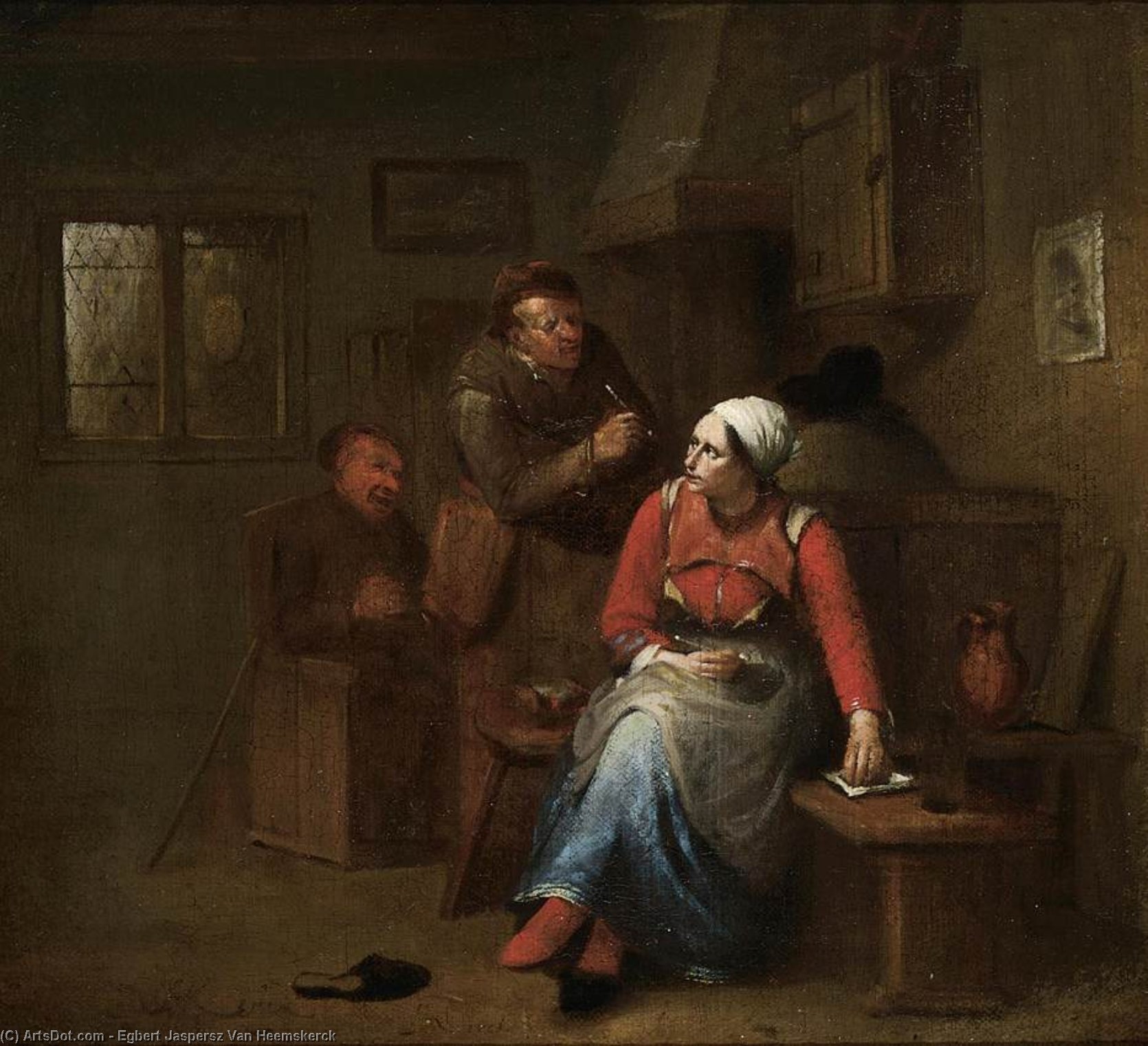 Wikioo.org - The Encyclopedia of Fine Arts - Painting, Artwork by Egbert Jaspersz Van Heemskerck - Two Peasants And A Woman In An Inn