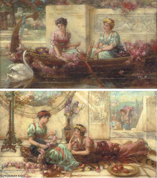 Wikioo.org - The Encyclopedia of Fine Arts - Painting, Artwork by Emile Eisman Semenowsky - Elegant Maidens On A Terrace; And Maidens In A Boat