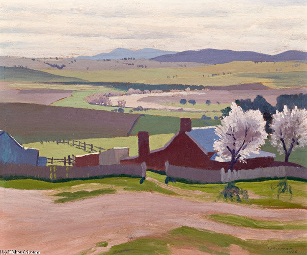 Wikioo.org - The Encyclopedia of Fine Arts - Painting, Artwork by Elioth Gruner - Spring - A Farm And Blossom Trees At Bathurst