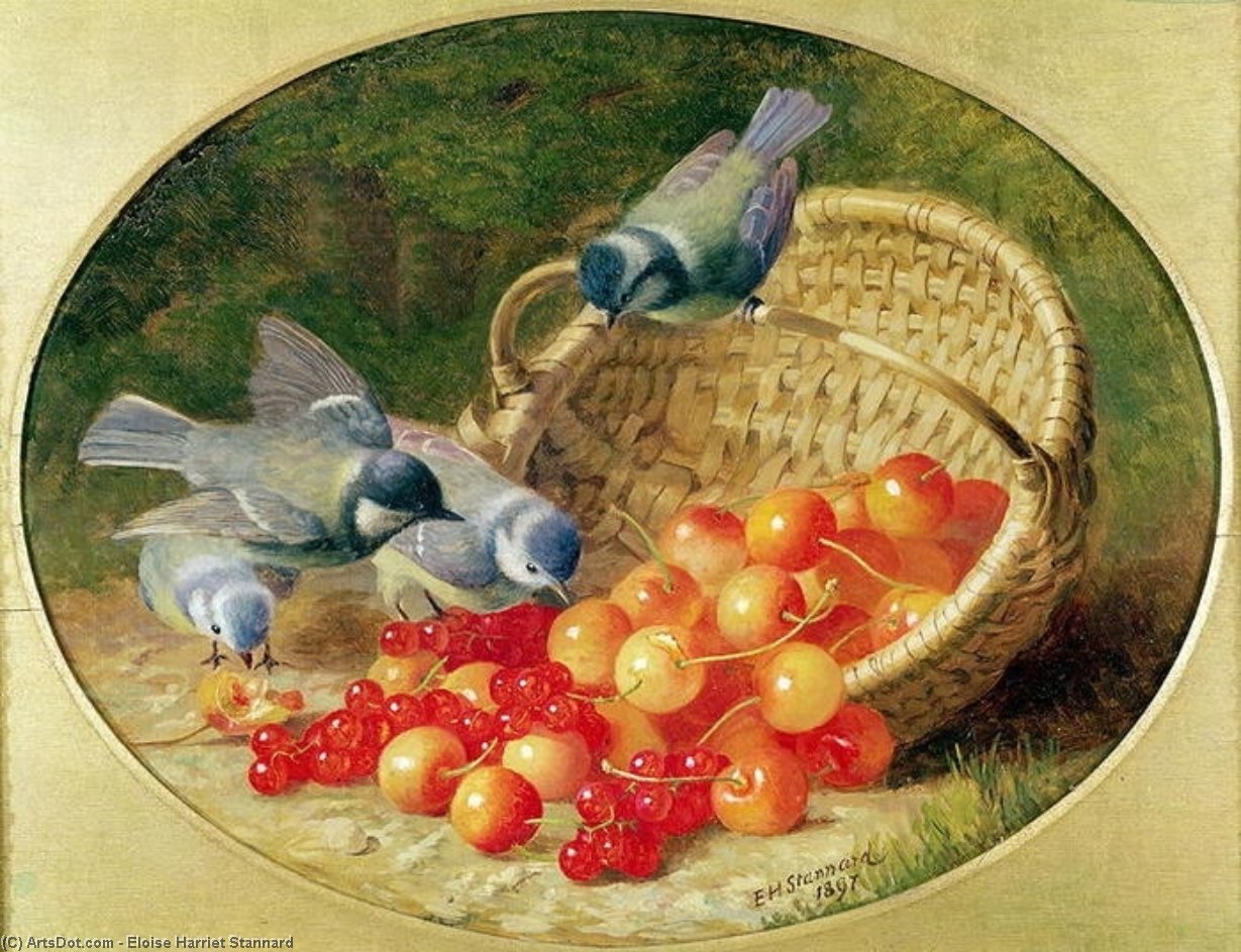 Wikioo.org - The Encyclopedia of Fine Arts - Painting, Artwork by Eloise Harriet Stannard - Bluetits Pecking At Cherries
