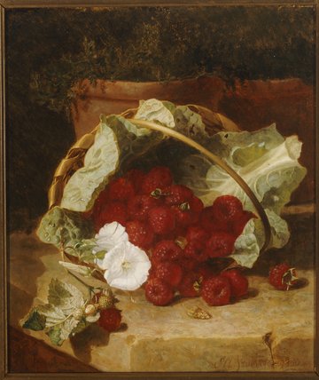 Wikioo.org - The Encyclopedia of Fine Arts - Painting, Artwork by Eloise Harriet Stannard - Raspberries In A Cabbage Leaf Lined Basket