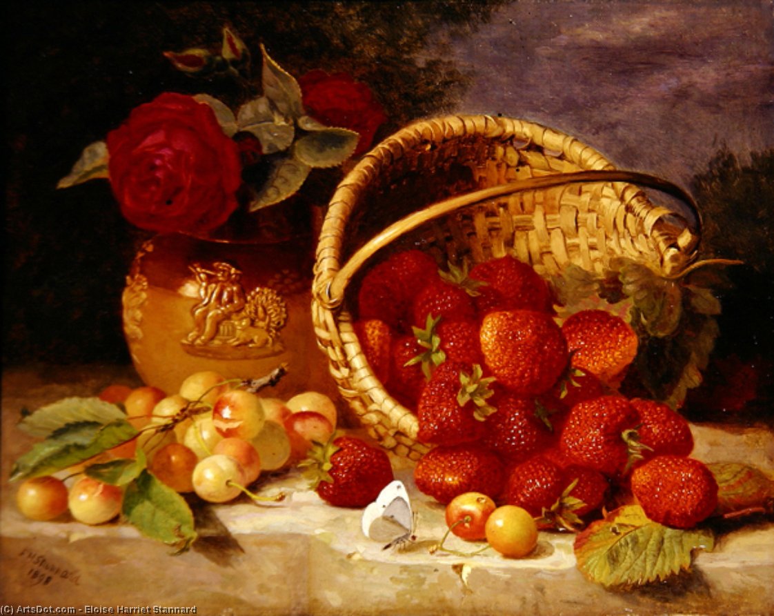 Wikioo.org - The Encyclopedia of Fine Arts - Painting, Artwork by Eloise Harriet Stannard - Still Life Of Basket With Strawberries And Cherries