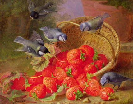 Wikioo.org - The Encyclopedia of Fine Arts - Painting, Artwork by Eloise Harriet Stannard - Still Life With Strawberries And Bluetits
