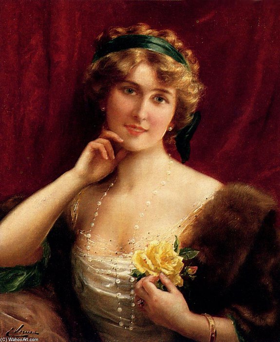 Wikioo.org - The Encyclopedia of Fine Arts - Painting, Artwork by Emile Vernon - An Elegant Lady With A Yellow Rose