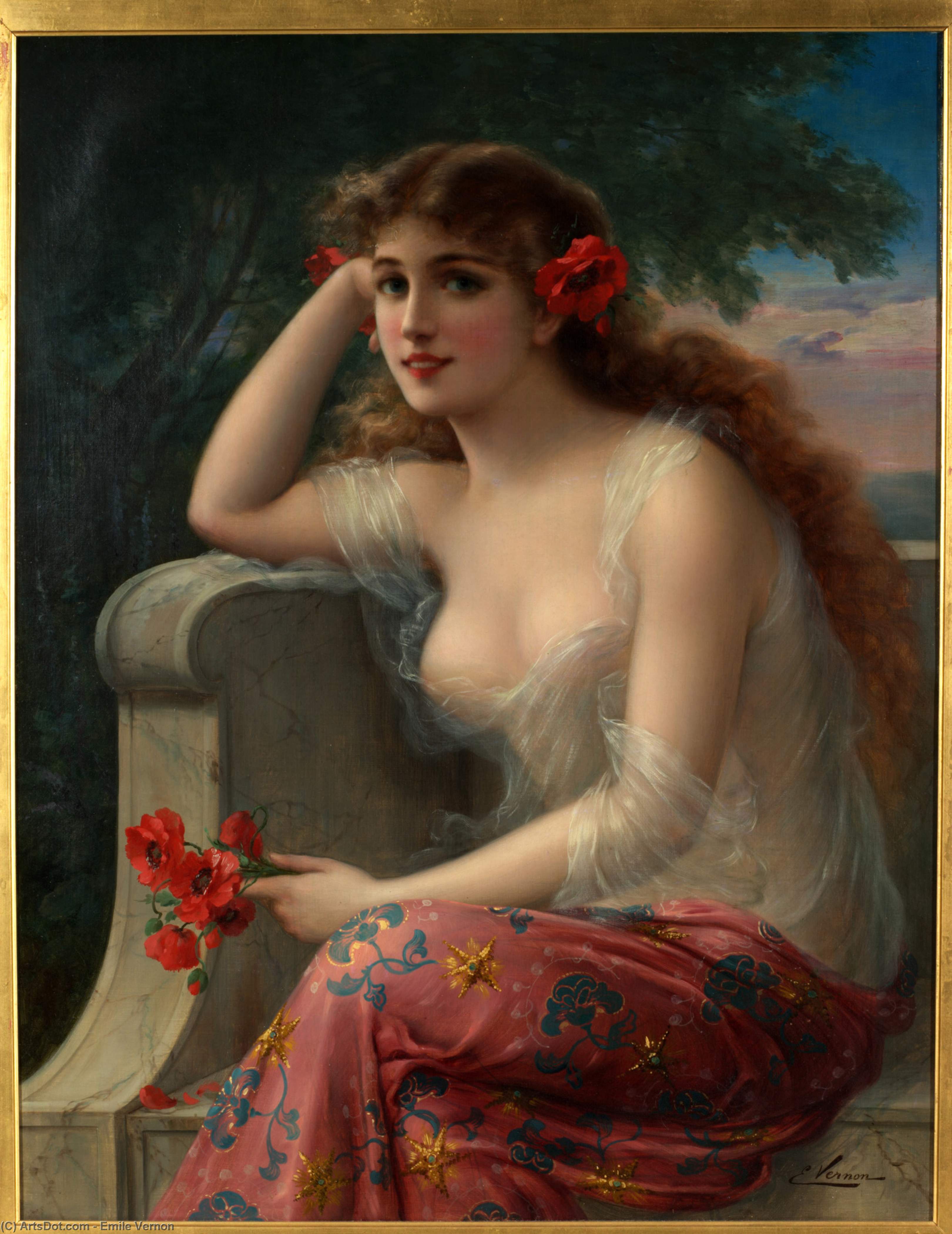 WikiOO.org – 美術百科全書 - 繪畫，作品 Emile Vernon - 女孩与一个 罂粟