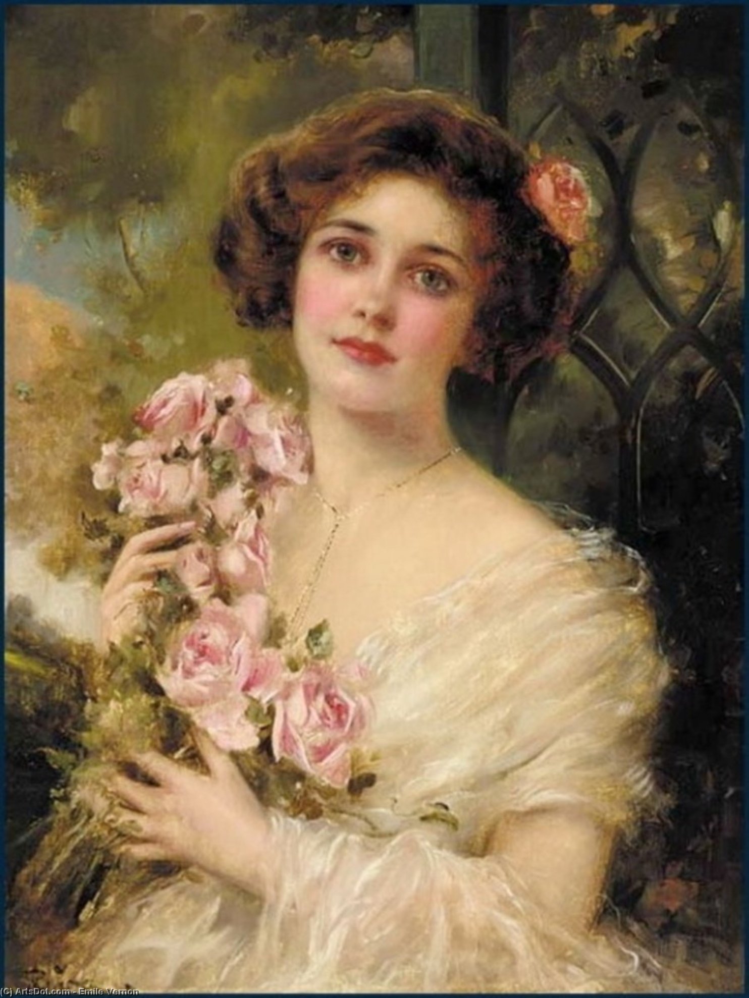 Wikioo.org - The Encyclopedia of Fine Arts - Painting, Artwork by Emile Vernon - Young Woman With Roses