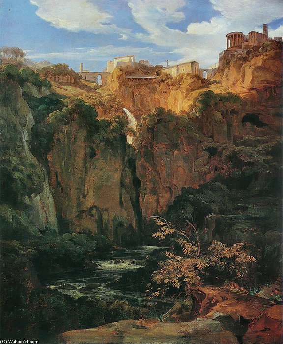 Wikioo.org – La Enciclopedia de las Bellas Artes - Pintura, Obras de arte de Ernst Fries - Tivoli, Les Cascades Et Le Templo De Vesta