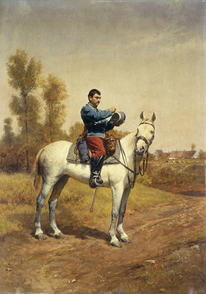 Wikioo.org – La Enciclopedia de las Bellas Artes - Pintura, Obras de arte de Etienne Prosper Berne Bellecour - Cavalryman en un cargador blanco