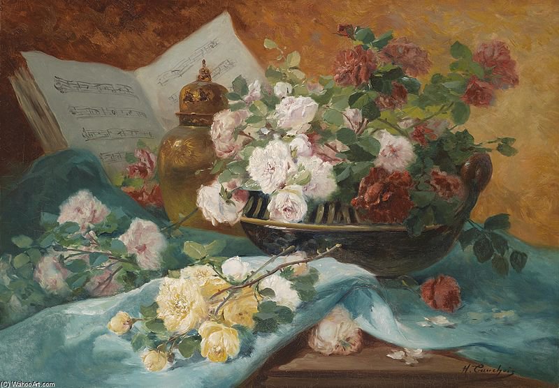 Wikioo.org - The Encyclopedia of Fine Arts - Painting, Artwork by Eugene Henri Cauchois - Stillleben Mit Rosen In Einer Schale