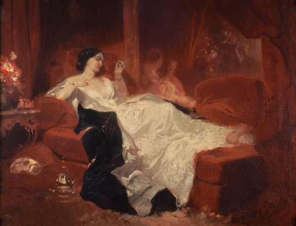 Wikioo.org - The Encyclopedia of Fine Arts - Painting, Artwork by Eugene Louis Lami - Woman On A Red Sofa