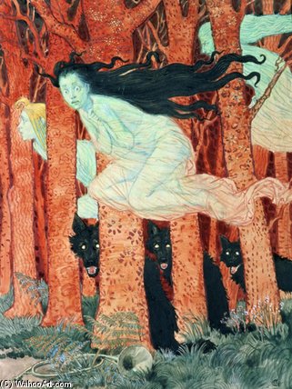 Wikioo.org – L'Enciclopedia delle Belle Arti - Pittura, Opere di Eugène Samuel Grasset - tre donne e le tre lupi