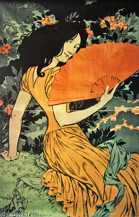 WikiOO.org - Encyclopedia of Fine Arts - Schilderen, Artwork Eugène Samuel Grasset - Woman With A Fan