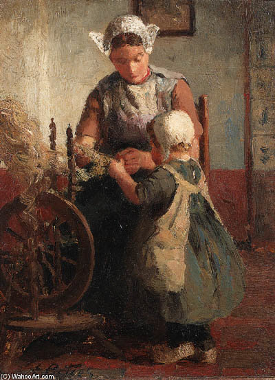 Wikioo.org - The Encyclopedia of Fine Arts - Painting, Artwork by Evert Pieters - Helping Mother With The Spinning-wheel