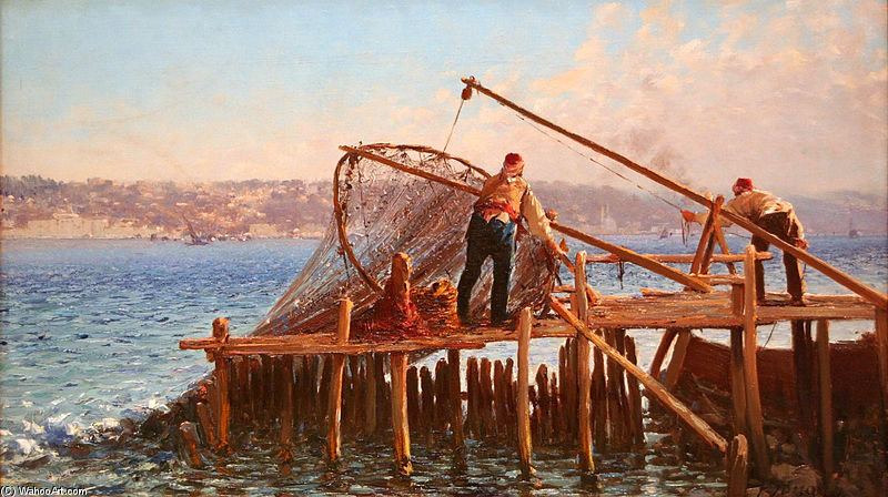Wikioo.org – L'Enciclopedia delle Belle Arti - Pittura, Opere di Fausto Zonaro - Pescatori portando in The Catch -
