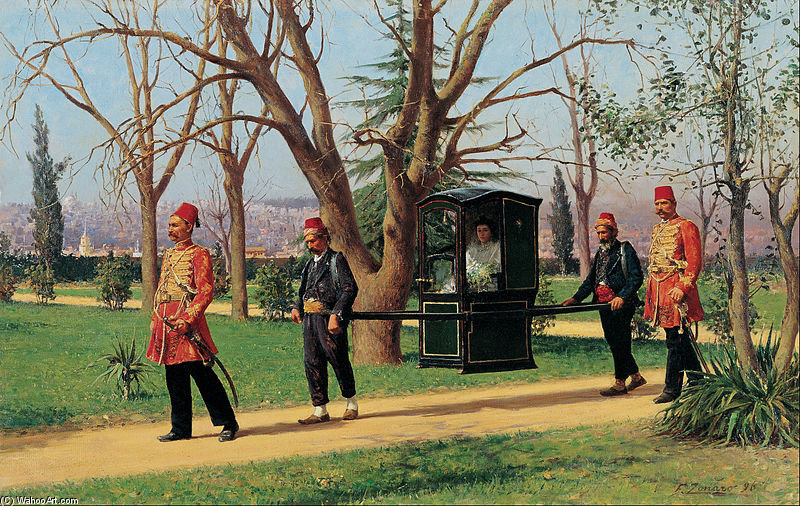 Wikioo.org - The Encyclopedia of Fine Arts - Painting, Artwork by Fausto Zonaro - The Daughter Of The English Ambassador Riding In A Palanquin -