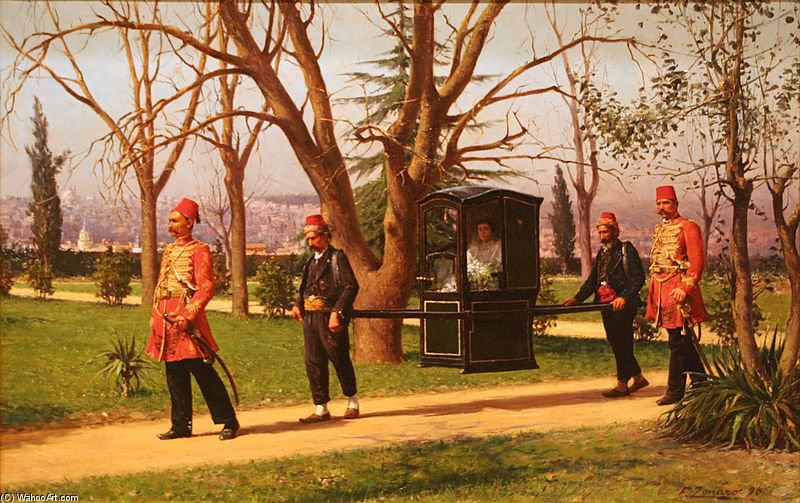 Wikioo.org - The Encyclopedia of Fine Arts - Painting, Artwork by Fausto Zonaro - The Daughter Of The English Ambassador Riding In A Palanquin