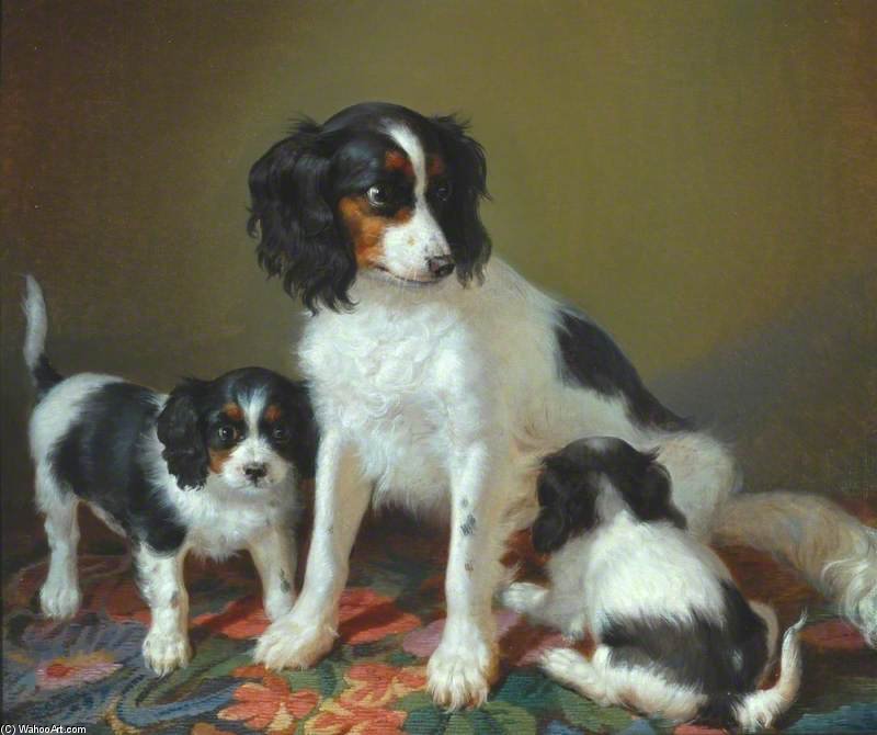 Wikioo.org - The Encyclopedia of Fine Arts - Painting, Artwork by Filippo Palizzi - A Spaniel With Two Puppies