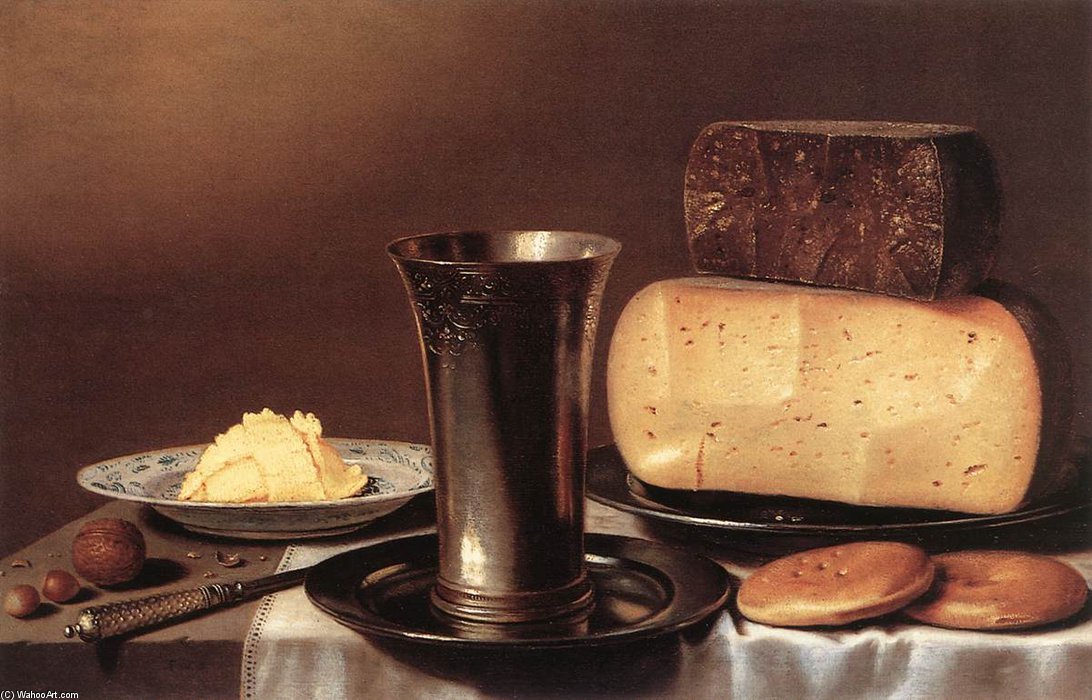 WikiOO.org - Enciclopédia das Belas Artes - Pintura, Arte por Floris Gerritsz Van Schooten (Floris Verschoten) - Still-life With Glass, Cheese, Butter And Cake
