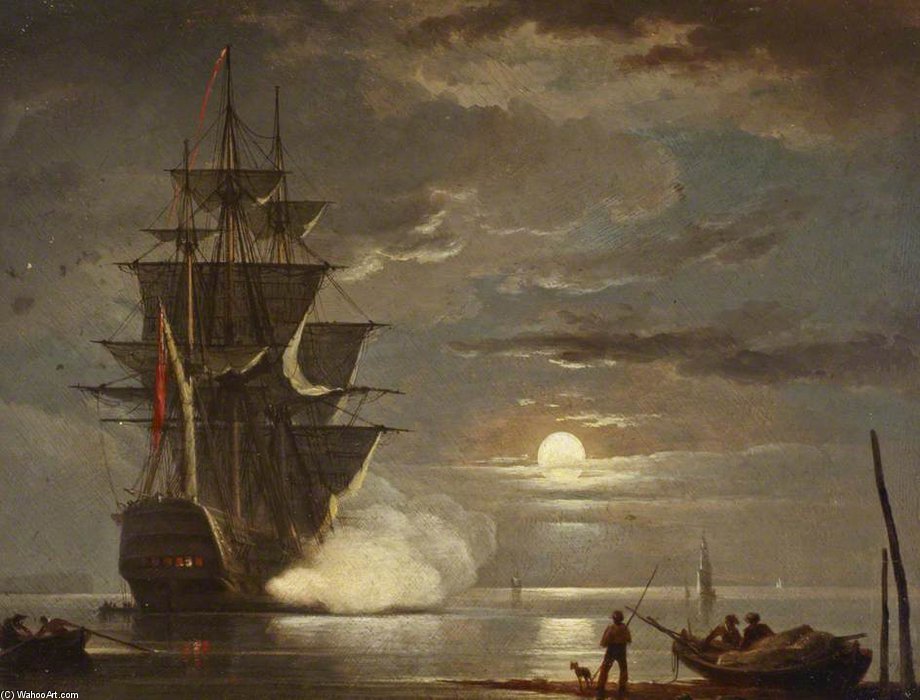 Wikioo.org - The Encyclopedia of Fine Arts - Painting, Artwork by Francis Swaine - A Ship Firing A Gun By Moonlight