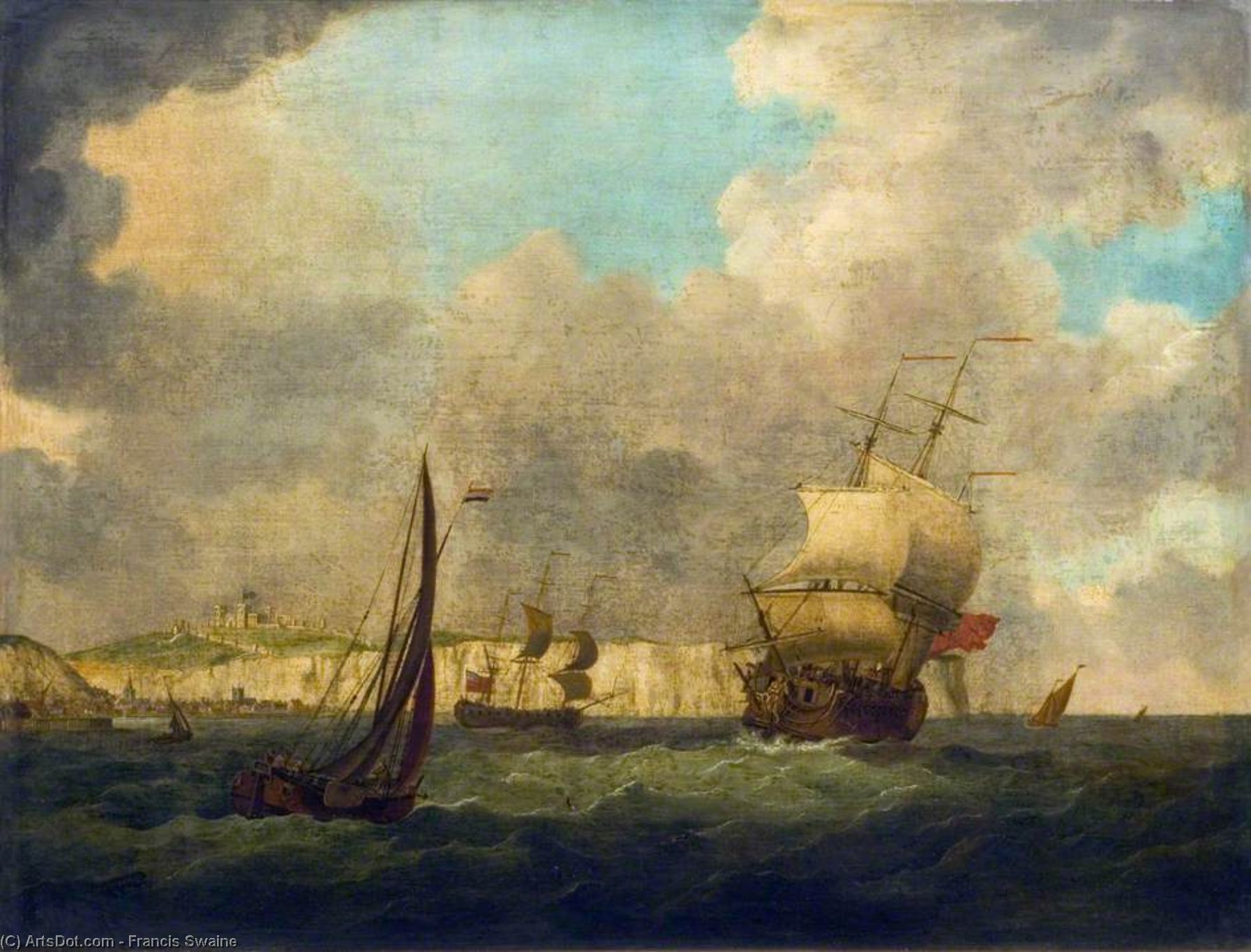 Wikioo.org - The Encyclopedia of Fine Arts - Painting, Artwork by Francis Swaine - Shipping Off Dover, With A Town And A Castle In The Distance