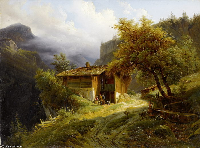 WikiOO.org - Encyclopedia of Fine Arts - Maalaus, taideteos Francois Diday - Mountain Landscape With Farmhouse And Figure
