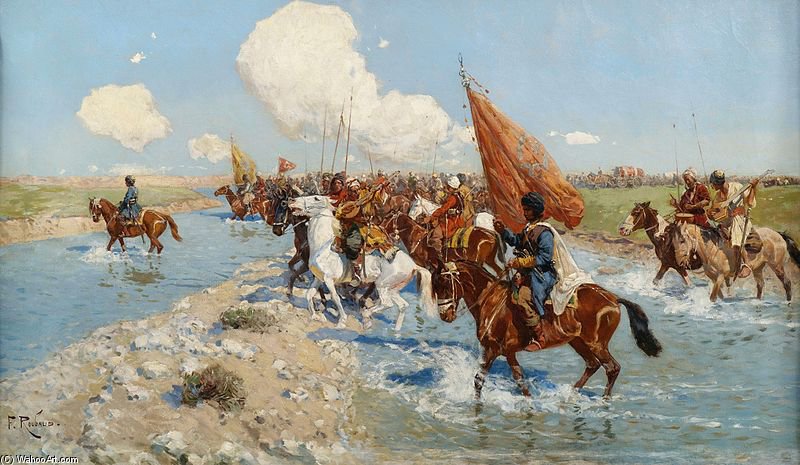 Wikioo.org - The Encyclopedia of Fine Arts - Painting, Artwork by Francois Flameng - Circassian Horsemen Crossing A River