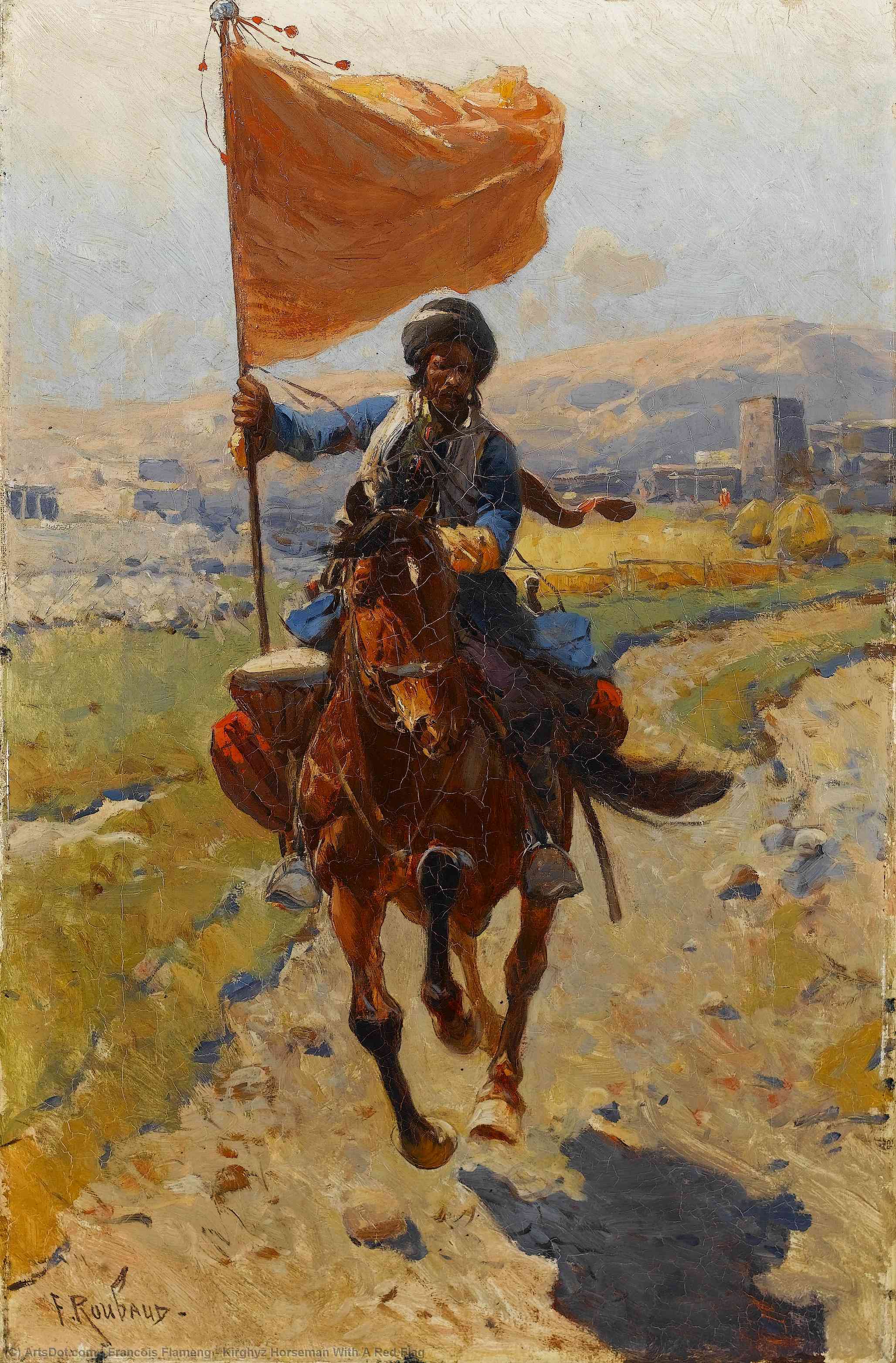 WikiOO.org - Enciclopedia of Fine Arts - Pictura, lucrări de artă Francois Flameng - Kirghyz Horseman With A Red Flag