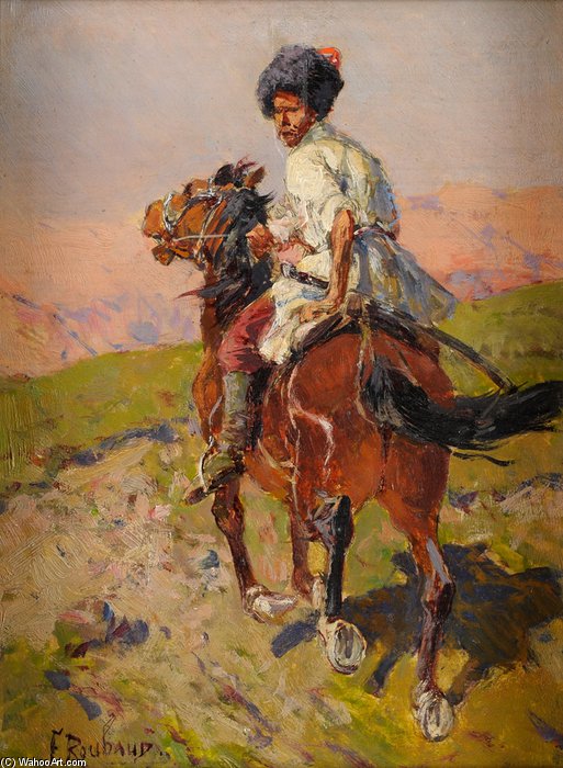 Wikioo.org - Die Enzyklopädie bildender Kunst - Malerei, Kunstwerk von Francois Flameng - Kosake zu Pferd. Signiert