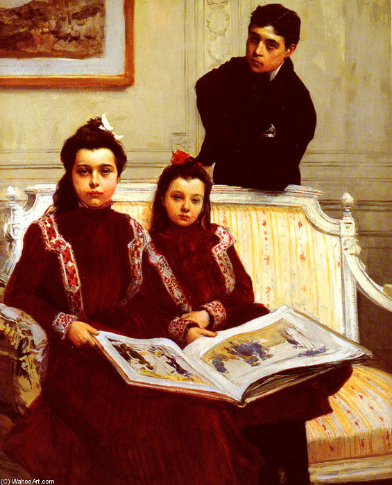 Wikioo.org - The Encyclopedia of Fine Arts - Painting, Artwork by Francois Flameng - Mily Portrait Of A Boy And His Two Sisters Admiring A Sketch Book