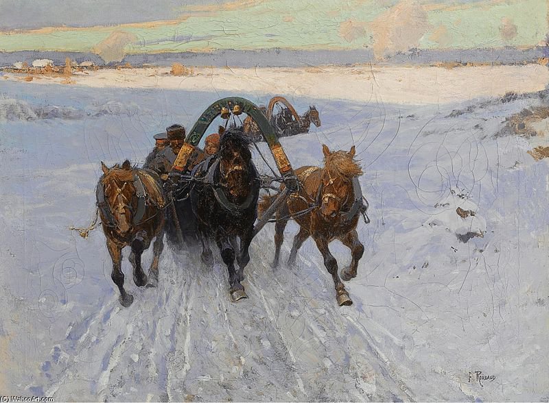 WikiOO.org – 美術百科全書 - 繪畫，作品 Francois Flameng - 三驾马车 赛跑  通过  的 雪