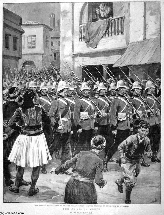 Wikioo.org - The Encyclopedia of Fine Arts - Painting, Artwork by Frank Dadd - Royal Marines Parade In The Streets Of Canea (chania) In Crete Following The Occupation Of The Island By The Great Powers