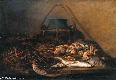 WikiOO.org - Encyclopedia of Fine Arts - Maleri, Artwork Frans Rijckhals - Fish And Shellfish On A Ledge