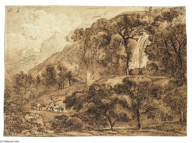 Wikioo.org - The Encyclopedia of Fine Arts - Painting, Artwork by Franz Kobell - Landschaft Mit Kuhhirte Und Wasserfall