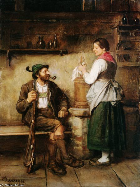 Wikioo.org - The Encyclopedia of Fine Arts - Painting, Artwork by Franz Von Defregger - Hunter And Maid In The Kuchl At Happy Geplauder