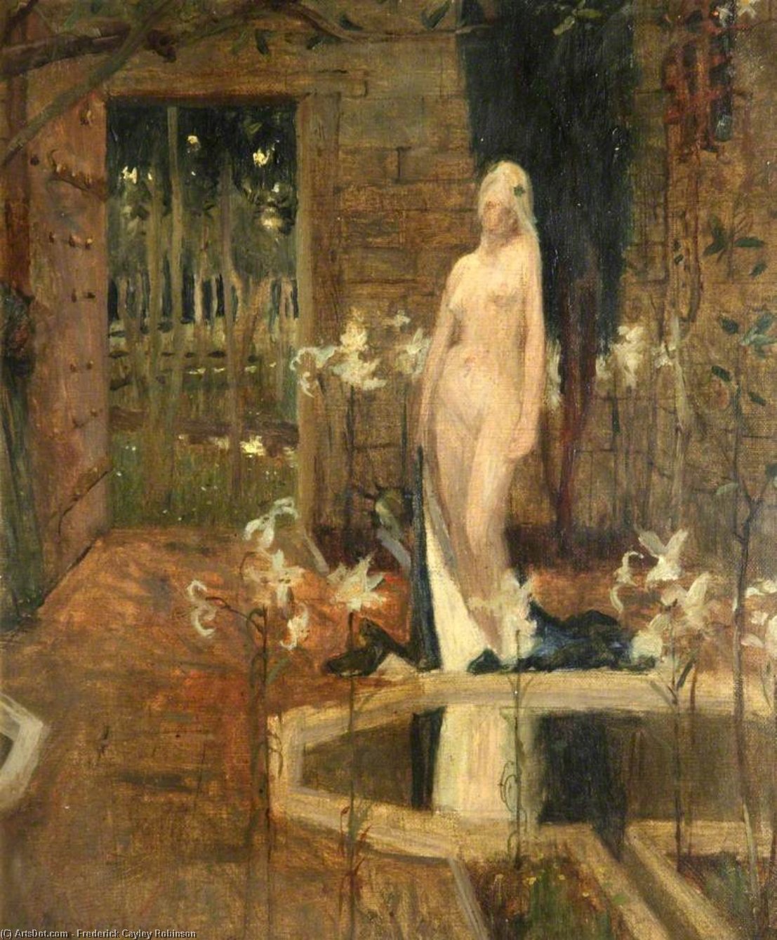 Wikioo.org - The Encyclopedia of Fine Arts - Painting, Artwork by Frederick Cayley Robinson - Female Nude In A Garden