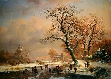 WikiOO.org - Encyclopedia of Fine Arts - Lukisan, Artwork Frederick Marianus Kruseman - Frozen Winter Landscape With Skaters