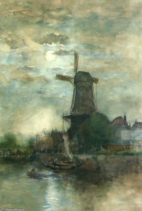 WikiOO.org - Encyclopedia of Fine Arts - Malba, Artwork Fredericus Jacobus Van Rossum Du Chattel - A Moonlit Windmill