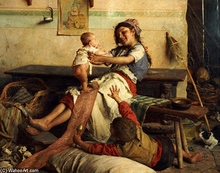 Wikioo.org - The Encyclopedia of Fine Arts - Painting, Artwork by Gaetano Chierici - Playing With Baby