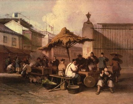 Wikioo.org - The Encyclopedia of Fine Arts - Painting, Artwork by George Chinnery - A Group Of Chinese Eating Outside Church Of San