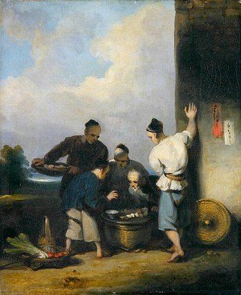 Wikioo.org - The Encyclopedia of Fine Arts - Painting, Artwork by George Chinnery - Coolies Round The Food Vendor's Stall, After