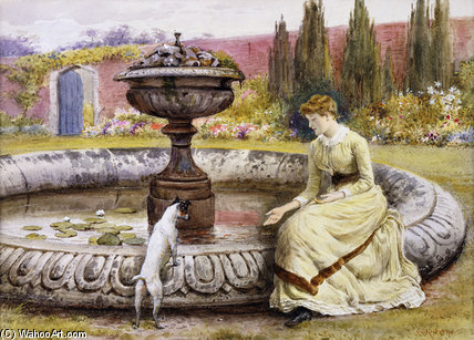 Wikioo.org – L'Enciclopedia delle Belle Arti - Pittura, Opere di George Goodwin Kilburne - A Lady e un cane accanto una piscina ornamentale