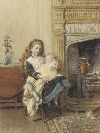 WikiOO.org - Encyclopedia of Fine Arts - Schilderen, Artwork George Goodwin Kilburne - Minding Baby