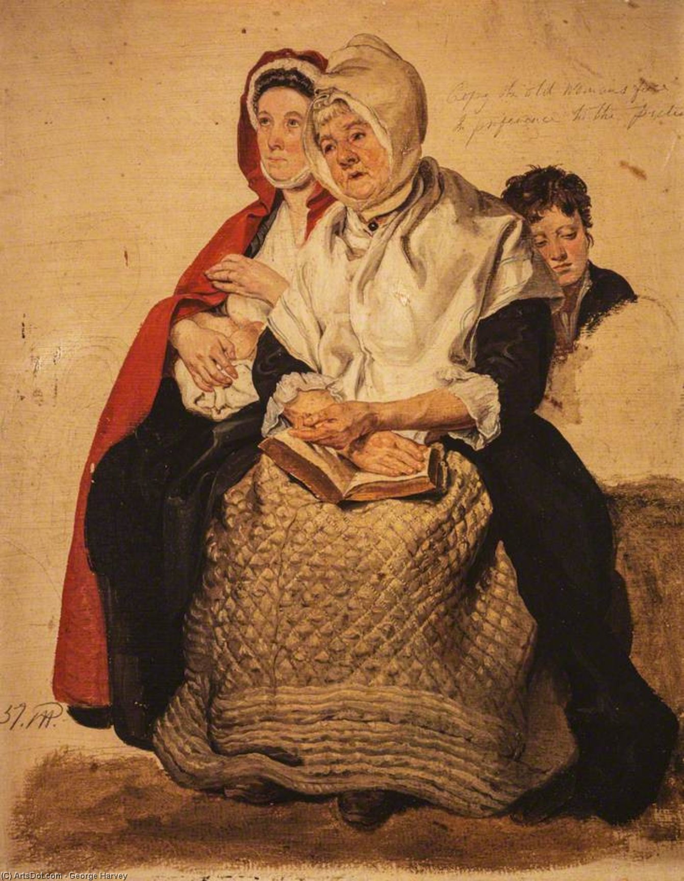 Wikioo.org - The Encyclopedia of Fine Arts - Painting, Artwork by George Harvey - Two Women And A Boy Study For 'the Covenanters Preaching'