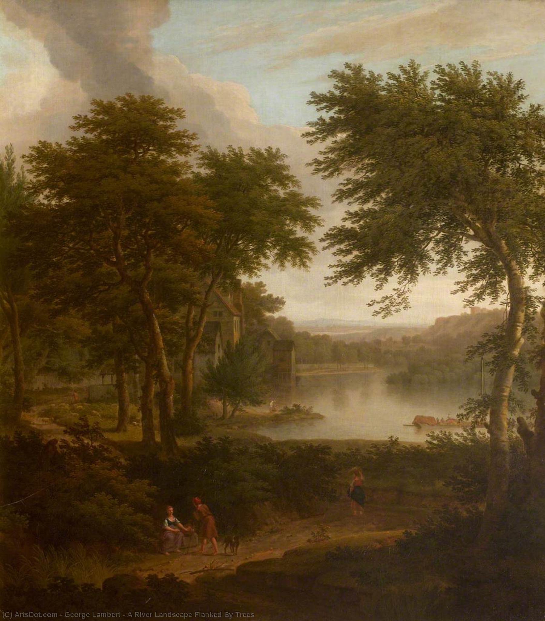 Wikioo.org - The Encyclopedia of Fine Arts - Painting, Artwork by George Lambert - A River Landscape Flanked By Trees