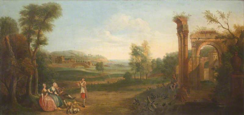 Wikioo.org - The Encyclopedia of Fine Arts - Painting, Artwork by George Lambert - River Landscape With Ruins And Elegant Figures