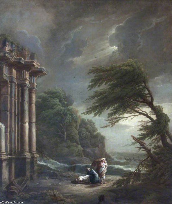 Wikioo.org - The Encyclopedia of Fine Arts - Painting, Artwork by George Lambert - Stormy Seashore With Ruined Temple, Shipwreck